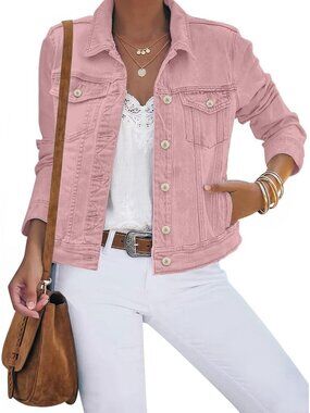 Women's Pink Cotton Button Down Stretch Fitted Long Sleeve Jean Jacket
